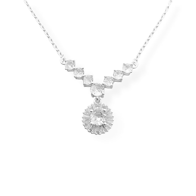 Gargantilha Detalhe em V Cravejado com Pingente de Zircônia Cristal - 39cm