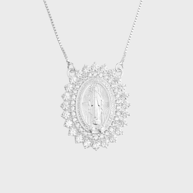 Gargantilha Dupla Medalha Maria Concebida e Cruz Cravejada com Zircônia Cristal - 40cm