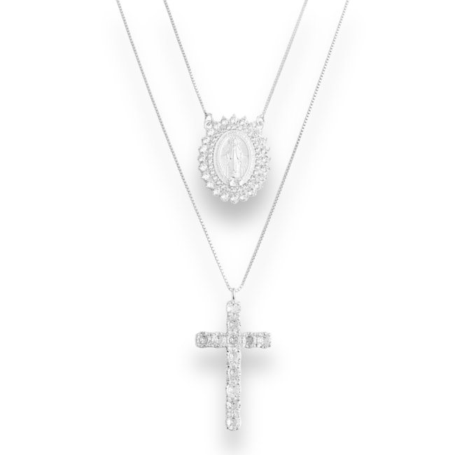 Gargantilha Dupla Medalha Maria Concebida e Cruz Cravejada com Zircônia Cristal - 40cm