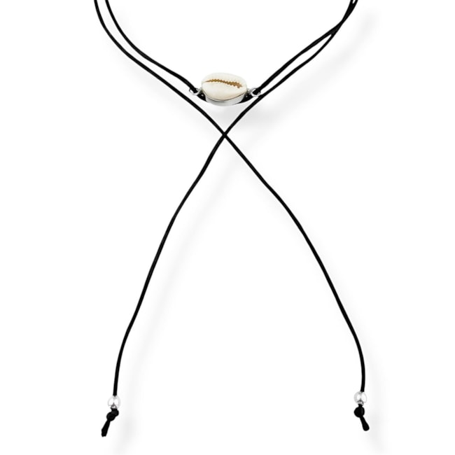 Gargantilha Fita de Seda Preta com Búzio - 85cm