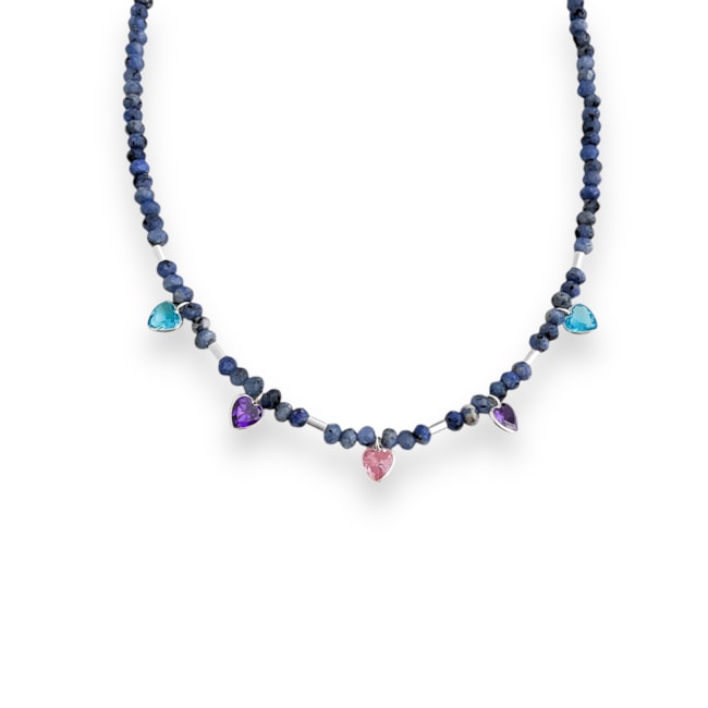 Gargantilha Jade Azul Mesclado com Zircônias Coloridas - 36cm