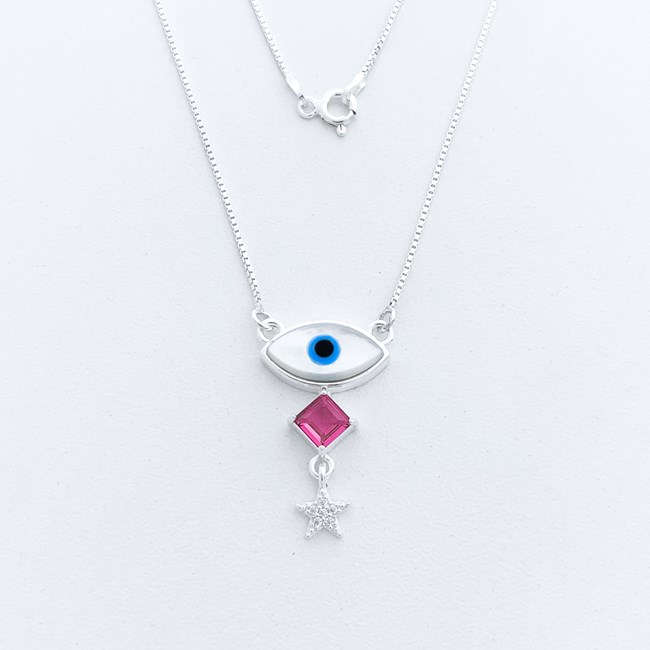 Gargantilha Olho Grego em Madrepérola com Rubi Rose e Estrela Cravejada com Zircônia - 45cm 