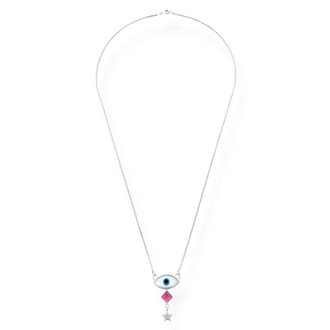 Gargantilha Olho Grego em Madrepérola com Rubi Rose e Estrela Cravejada com Zircônia - 45cm