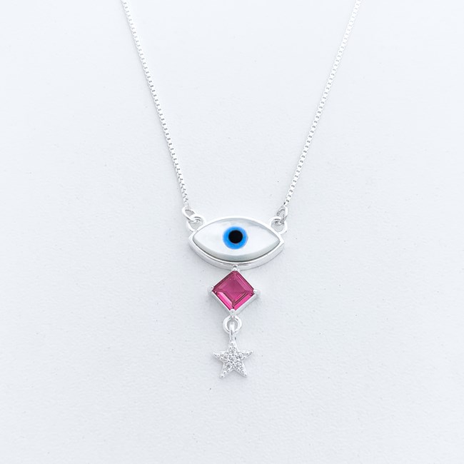 Gargantilha Olho Grego em Madrepérola com Rubi Rose e Estrela Cravejada com Zircônia - 45cm 