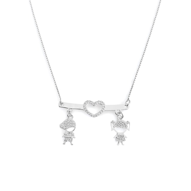 Gargantilha Plaquinha com Menina e Menino Cravejado de Zircônia Cristal - 45cm