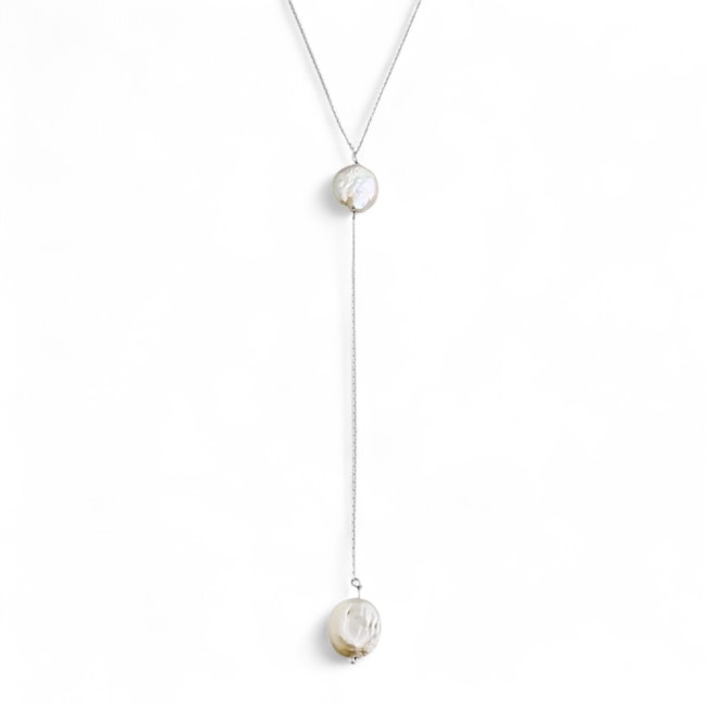 Gravatinha com Corrente Cartier com Pérola Biwa Moeda - 40cm