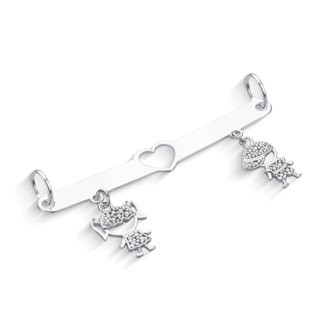 Pingente Cabide com Menina e Menino Cravejados com Zircônias