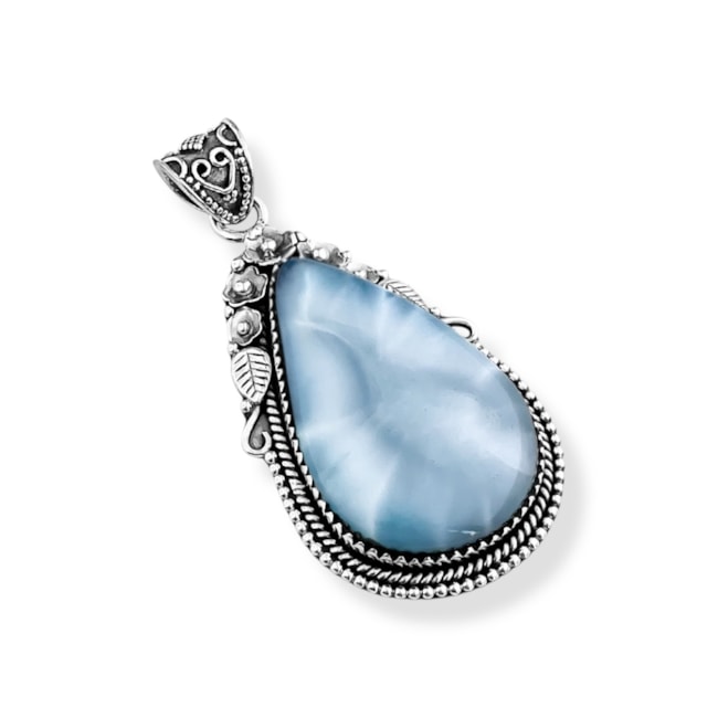 Pingente de Pedra Larimar com Flores Trabalhado 