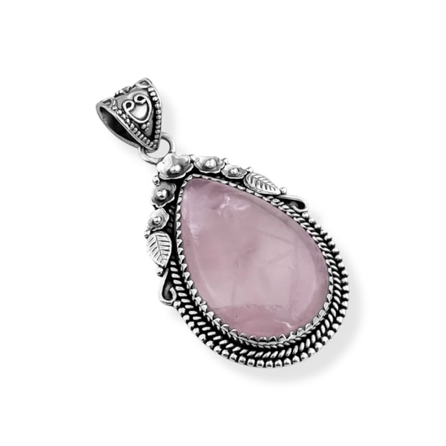 Pingente de Pedra Quartzo Rosa em Formato de Gota Trabalhado com Flores 