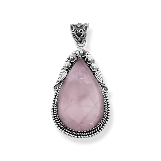 Pingente de Pedra Quartzo Rosa em Formato de Gota Trabalhado com Flores 