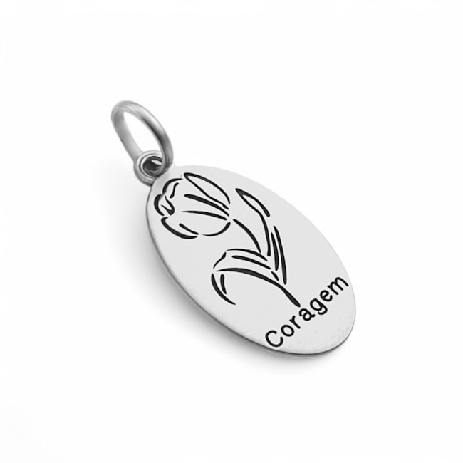 Pingente Laser com Flor Tulipa e Escrita "Coragem"