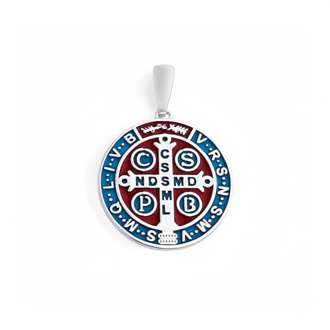 Pingente Medalha de São Bento Resinado de Vermelho e Azul