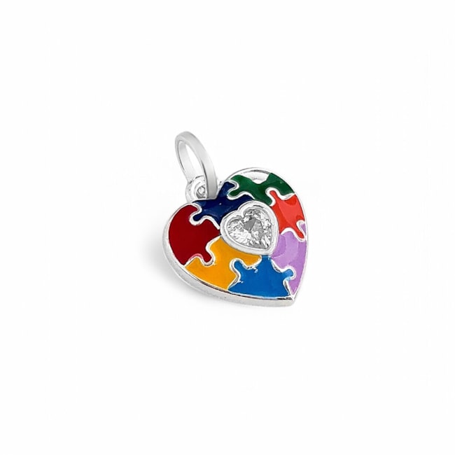 Pingente Símbolo do Autismo em Formato de Coração com Zircônia Branca