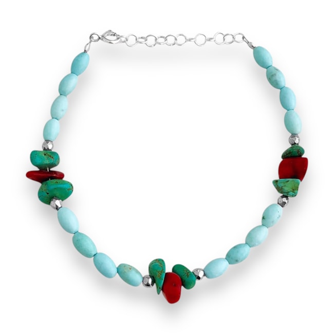 Pulseira Cascalho Turquesa Coral e Pedra Turquesa - 16cm