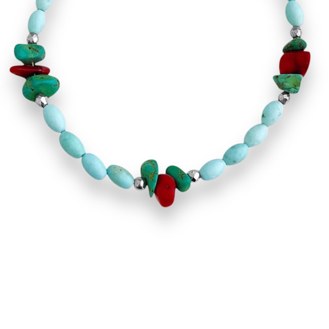 Pulseira Cascalho Turquesa Coral e Pedra Turquesa - 16cm
