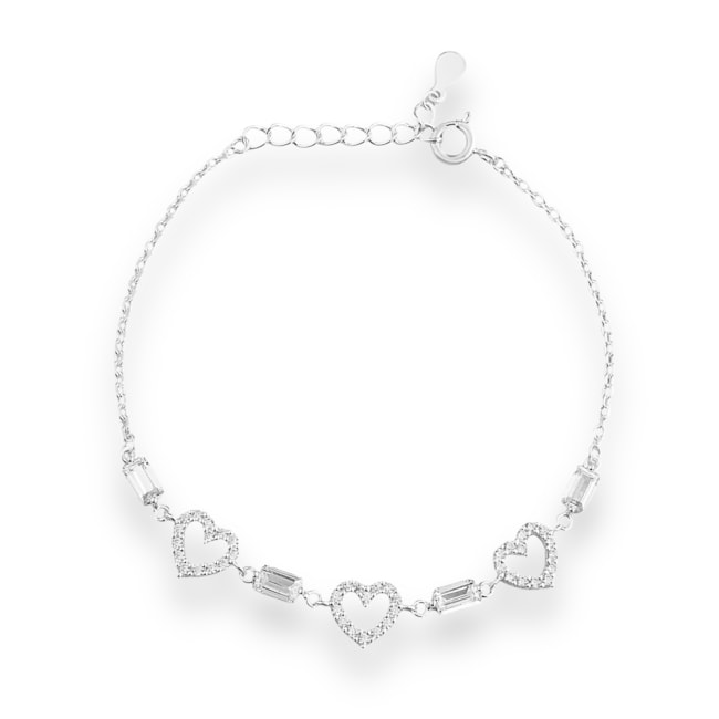 Pulseira com 3 Corações Vazado Cravejado com Zircônia - 16,5cm