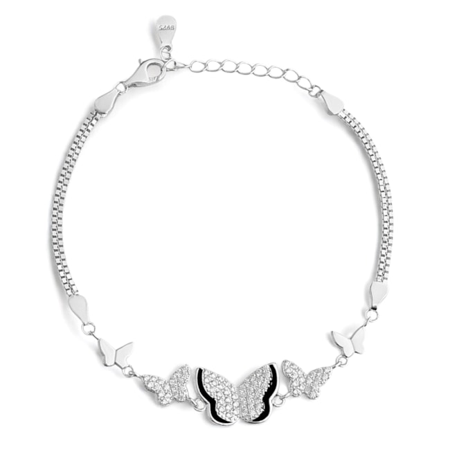 Pulseira com Borboletas Cravejadas de Zircônia Cristal - 15,5cm