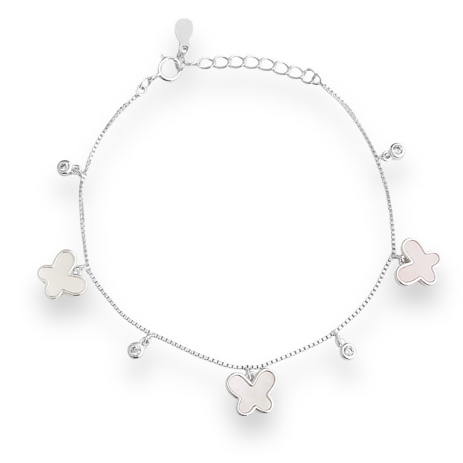Pulseira com Borboletas em Madrepérola e Zircônias - 16cm