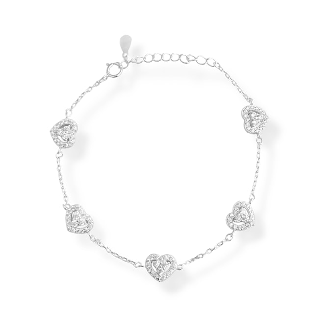Pulseira com Cinco Corações de Zircônia Cristal - 17cm