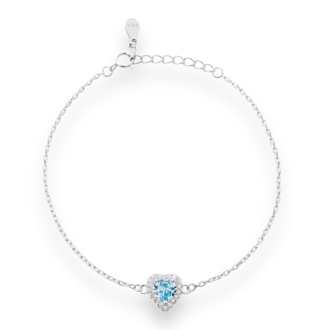 Pulseira com Coração Água Marinha Cravejado de Zircônia Cristal - 16cm
