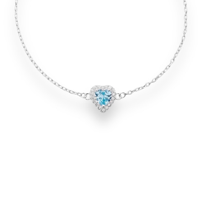 Pulseira com Coração Água Marinha Cravejado de Zircônia Cristal - 16cm