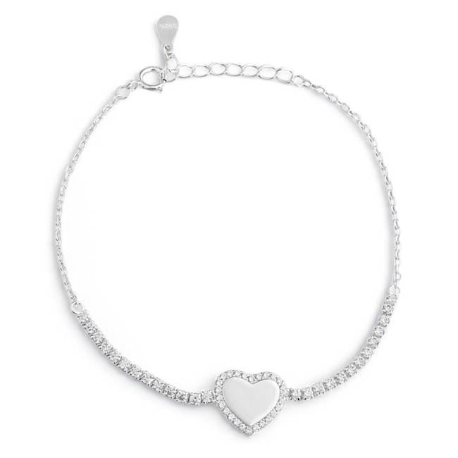Pulseira com Coração Liso e Bordas Cravejadas de Zircônia Cristal - 16cm
