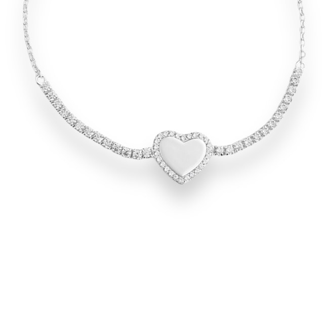 Pulseira com Coração Liso e Bordas Cravejadas de Zircônia Cristal - 16cm