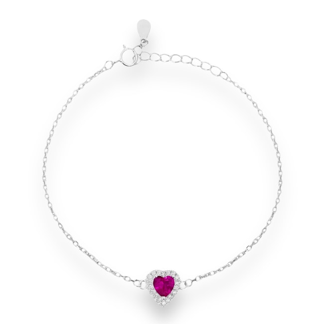 Pulseira com Coração Rubi Rose Cravejado de Zircônia Cristal - 16cm
