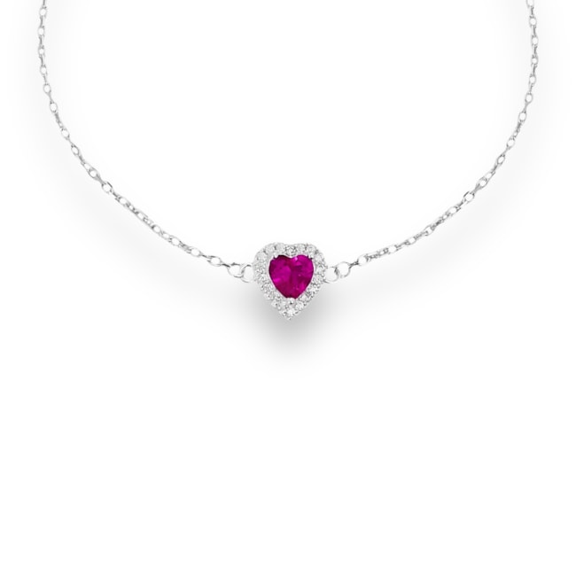 Pulseira com Coração Rubi Rose Cravejado de Zircônia Cristal - 16cm
