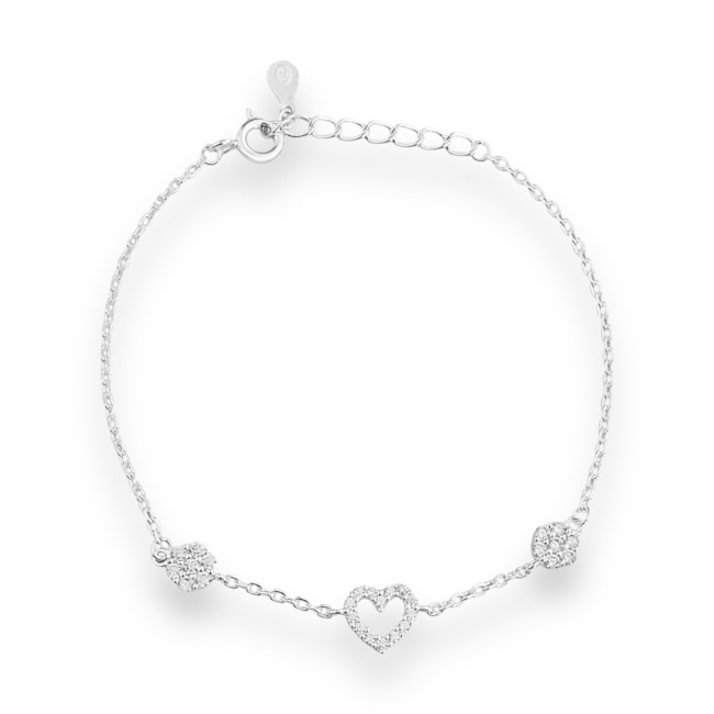 Pulseira com Coração Vazado e Florzinhas Cravejado De Zircônia - 16,5cm 