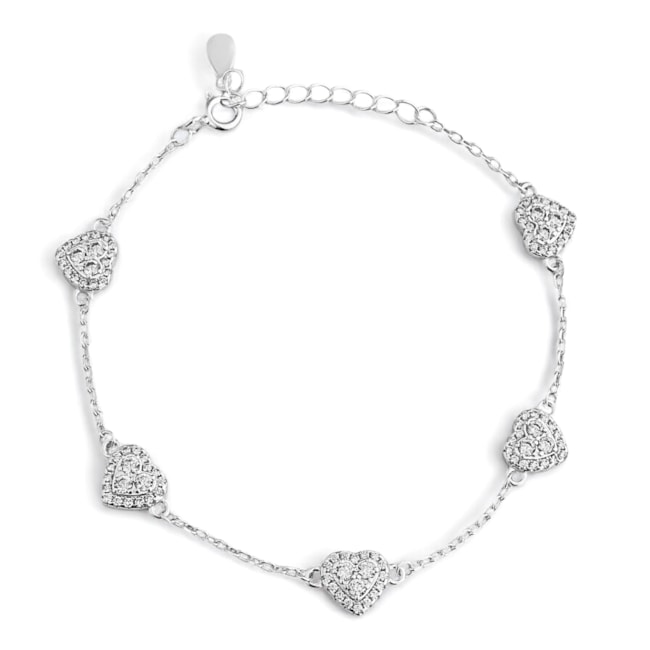 Pulseira com Corações Cravejados de Zircônia Cristal - 16cm