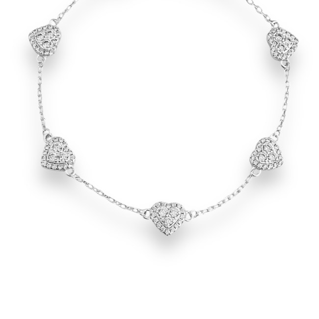 Pulseira com Corações Cravejados de Zircônia Cristal - 16cm