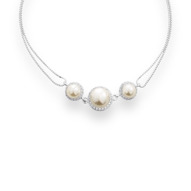 Pulseira com Corrente Veneziana Dupla e Três Pérolas Cravejadas de Zircônia Cristal em Volta - 17,5cm