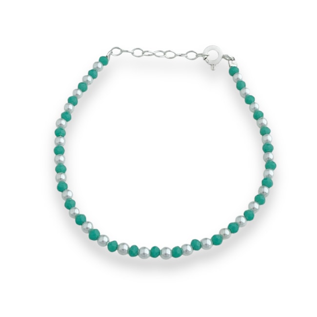 Pulseira com Cristais Verde Água e Bolinhas - 16,5cm