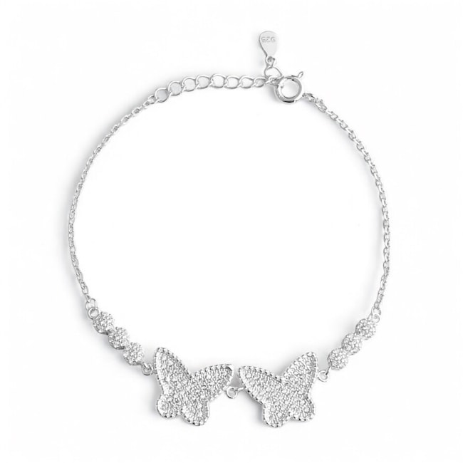 Pulseira com Duas Borboletas Cravejadas de Zircônia Cristal - 15cm
