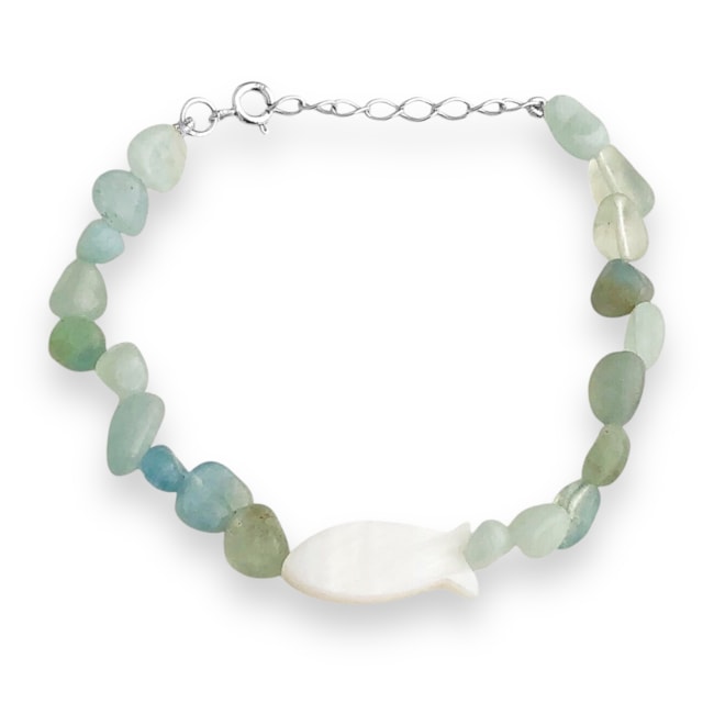 Pulseira com Pedra Água Marinha Rolada e Peixe em Madrepérola - 16cm