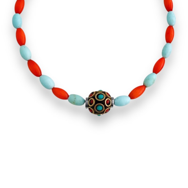 Pulseira com Pedra Turquesa e Coral - 16cm