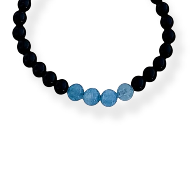 Pulseira com Pedras Ágata Negra e Calcedônia no Centro - 28cm