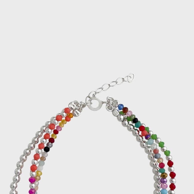 Pulseira com Pedrinhas Coloridas e Coração em Prata - 17cm