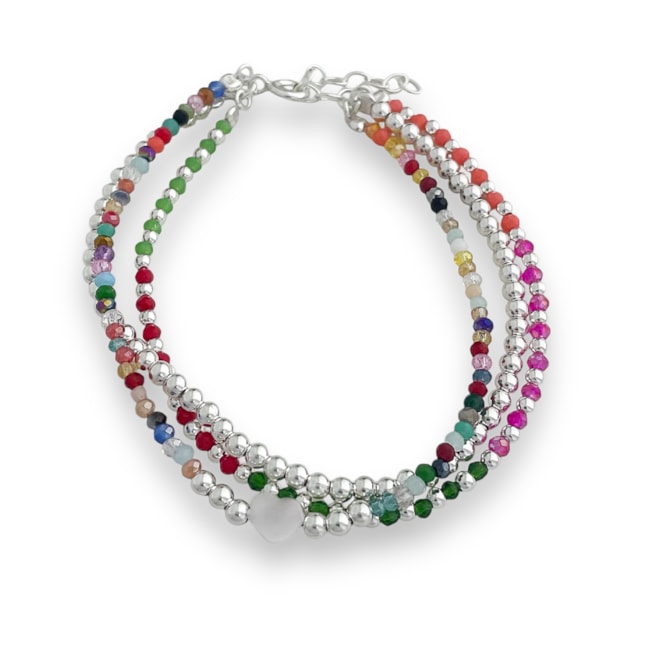 Pulseira com Pedrinhas Coloridas e Coração em Prata - 17cm