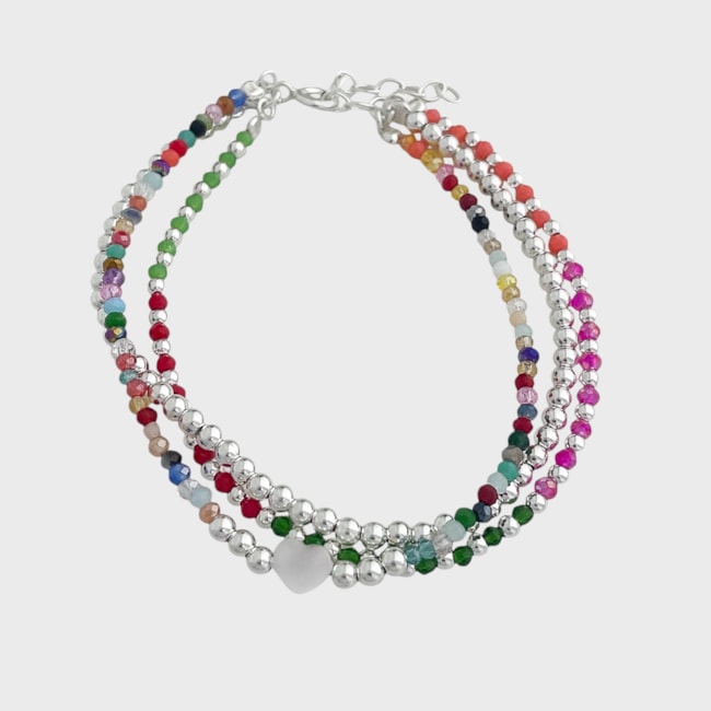 Pulseira com Pedrinhas Coloridas e Coração em Prata - 17cm