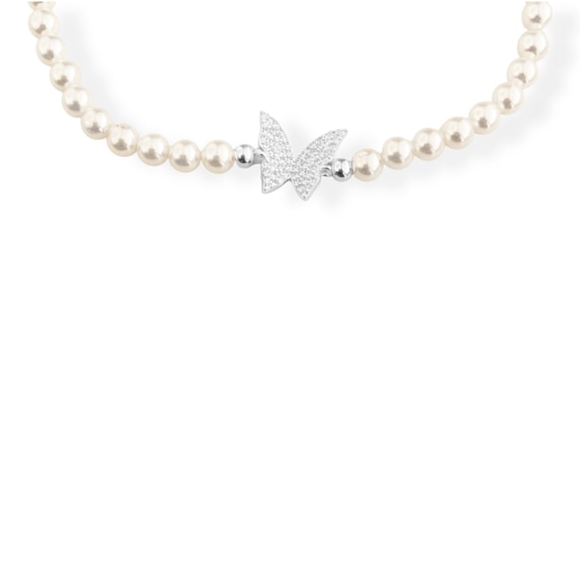 Pulseira com Pérola e Borboleta Cravejada de Zircônia - 17cm