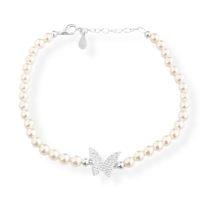 Pulseira com Pérola e Borboleta Cravejada de Zircônia - 17cm