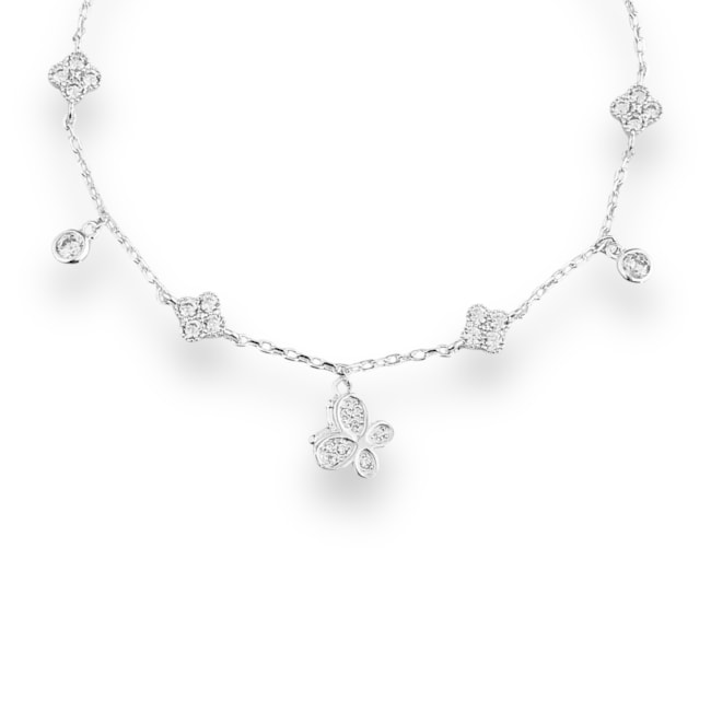 Pulseira com Pingente de Borboleta e Pedrinhas de Zircônia - 16,5cm 