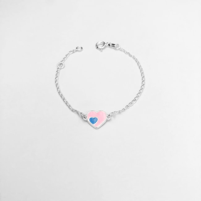 Pulseira com Pingente de Corações Resinado Rosa e Azul Infantil - 14,5cm 