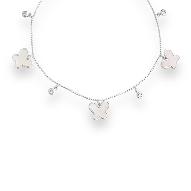 Pulseira com Pingentes de Borboletas em Madrepérola e Zircônia Cristal - 16cm