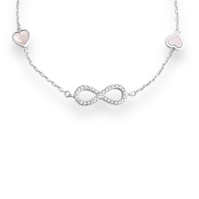 Pulseira com Símbolo do Infinito Cravejado de Zircônia Cristal e Coração - 16cm