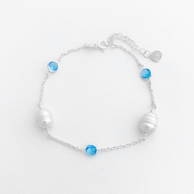 Pulseira com Zircônia Azul e Pérola - 17,5 cm