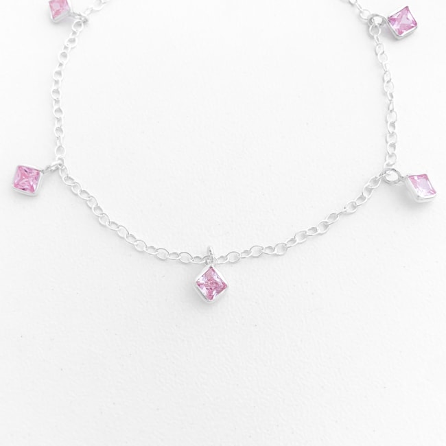 Pulseira com Zircônia Rosa Quadrada - 17cm