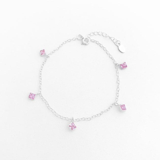 Pulseira com Zircônia Rosa Quadrada - 17cm